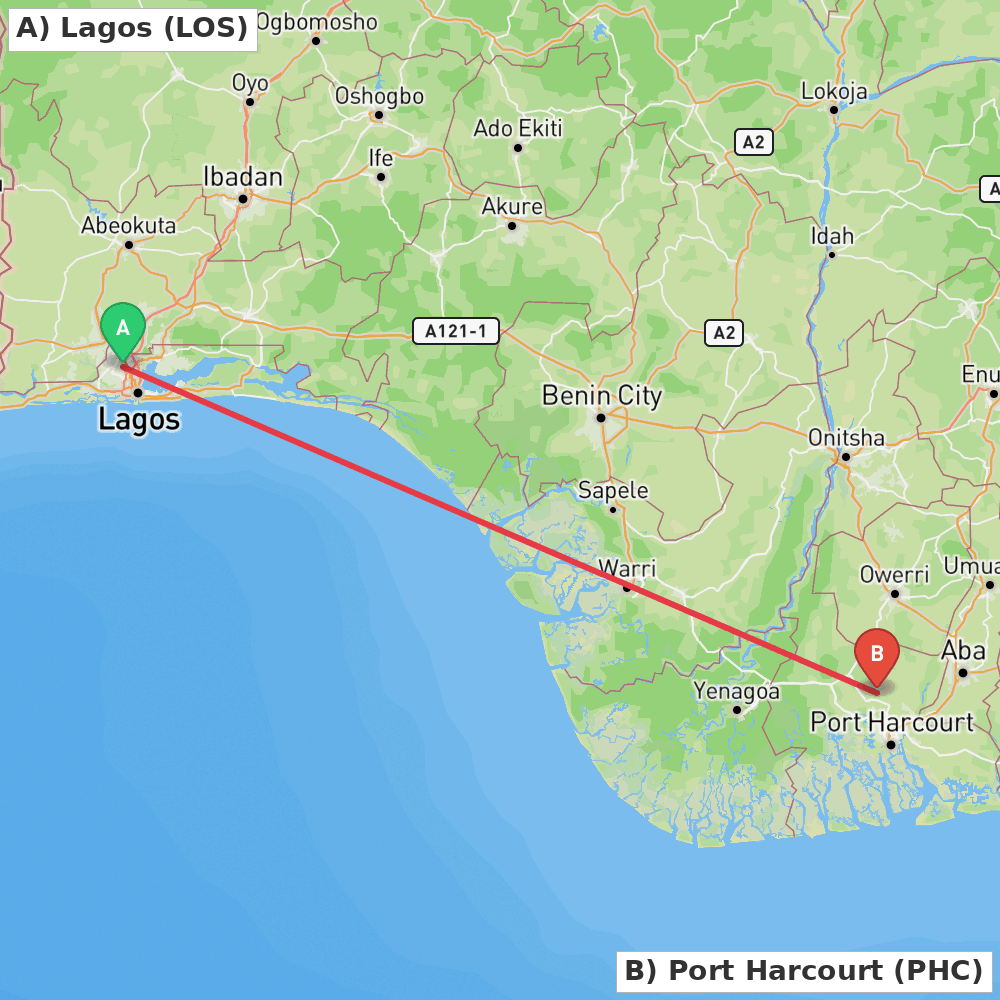 Flight route map from Lagos to Port Harcourt