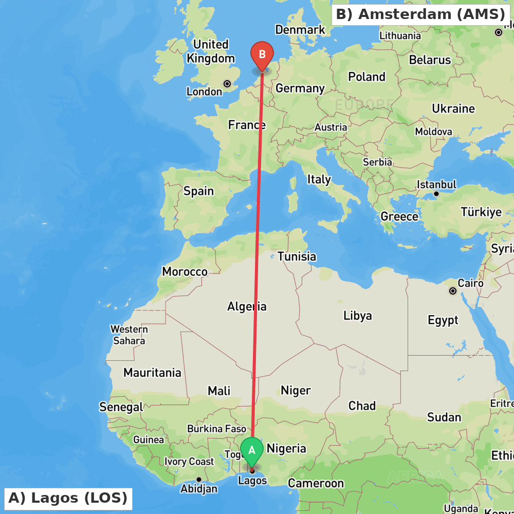 Flight route map from Lagos to Amsterdam