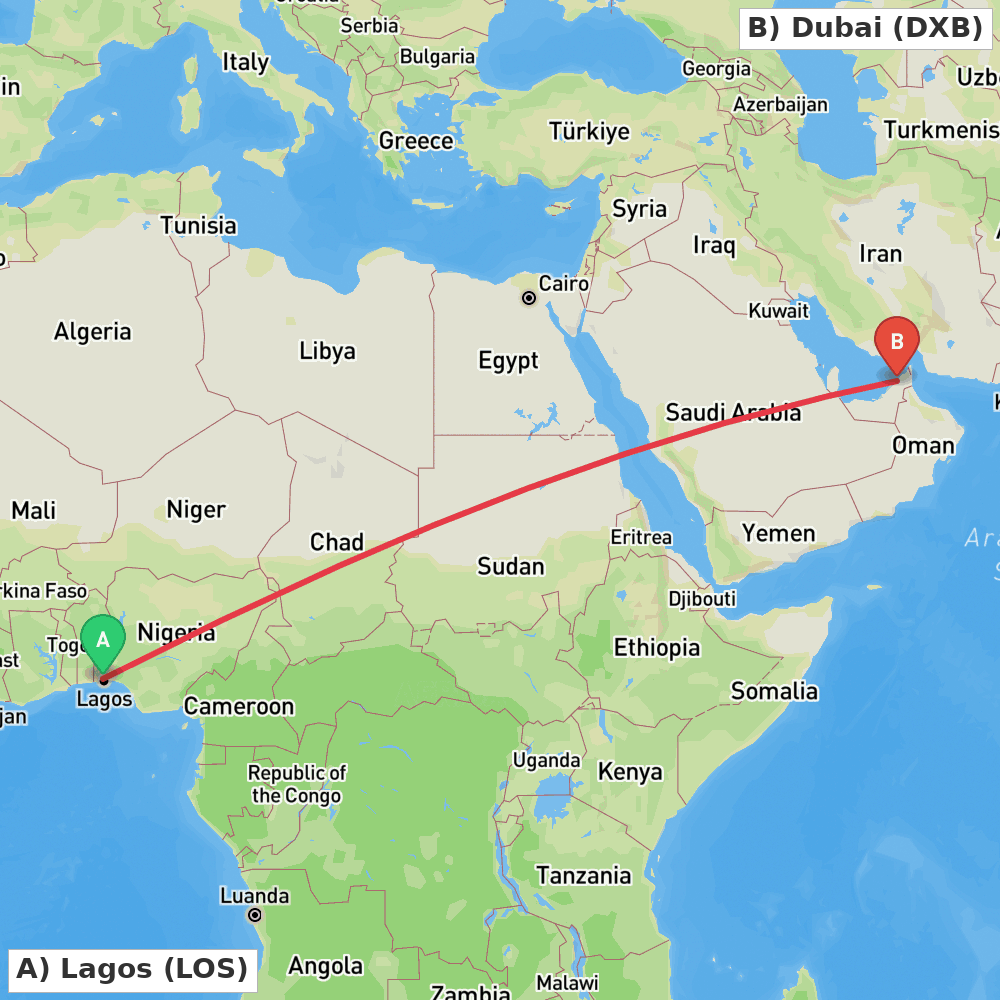 Flight route map from Lagos to Dubai
