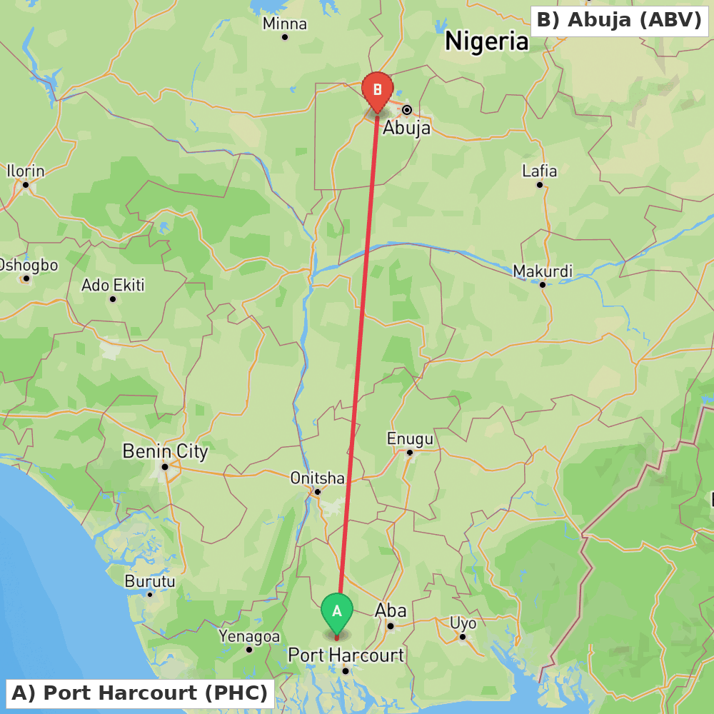 Flight route map from Port Harcourt to Abuja