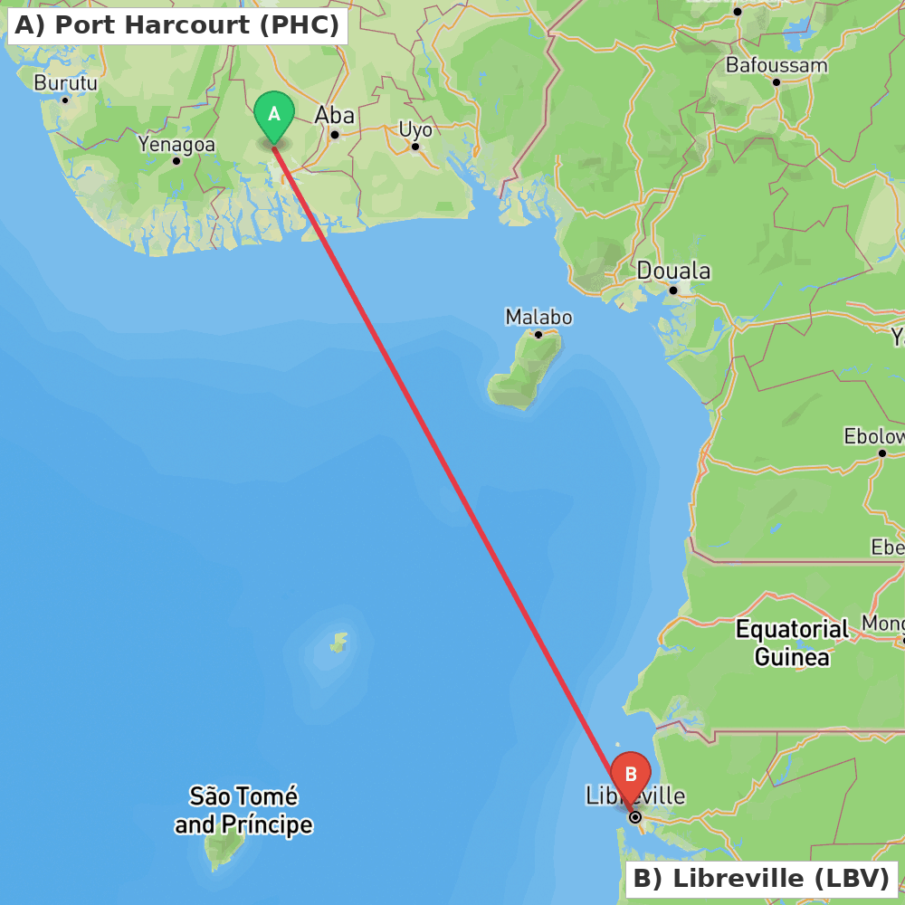 Flight route map from Port Harcourt to Libreville