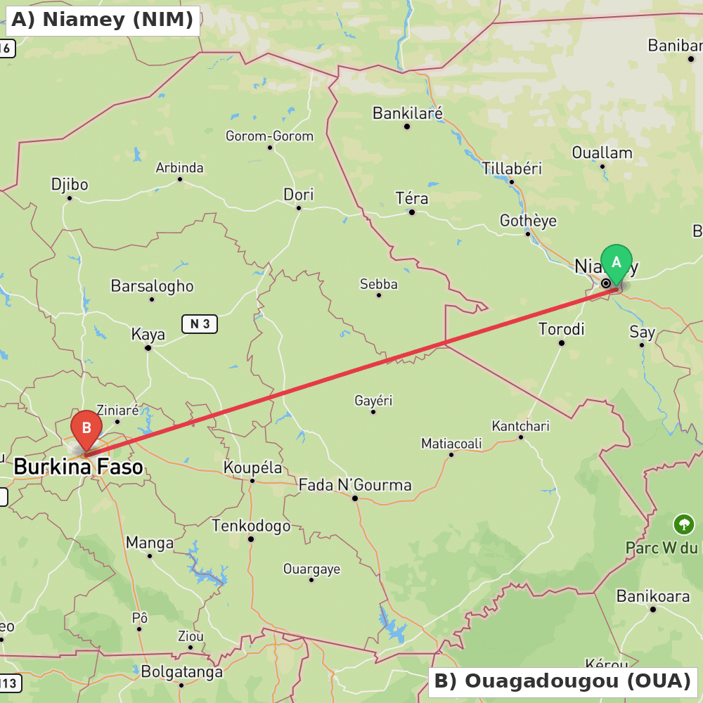 Flight route map from Niamey to Ouagadougou