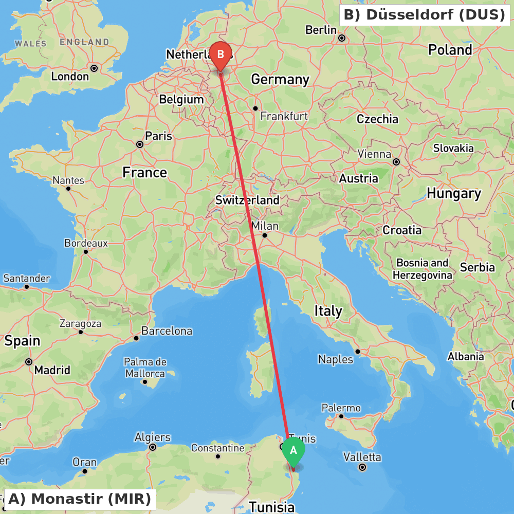 Flight route map from Monastir to Düsseldorf