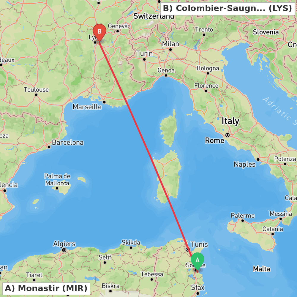 Flight route map from Monastir to Colombier-Saugnieu, Rhône