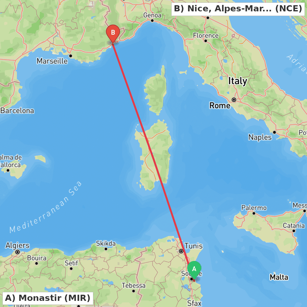Flight route map from Monastir to Nice, Alpes-Maritimes