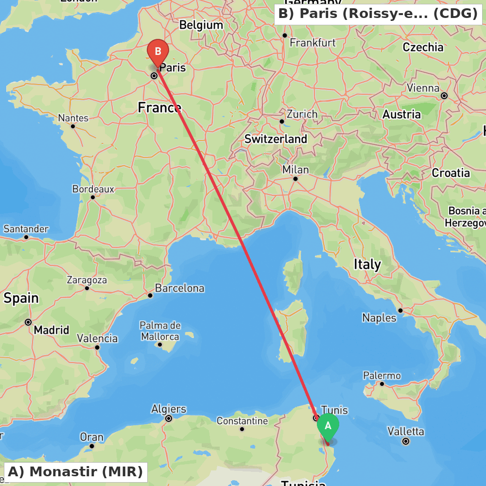 Flight route map from Monastir to Paris (Roissy-en-France, Val-d'Oise)