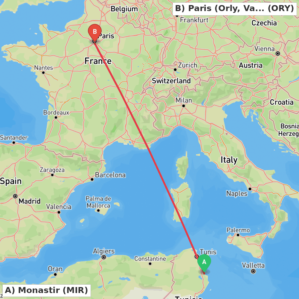Flight route map from Monastir to Paris (Orly, Val-de-Marne)
