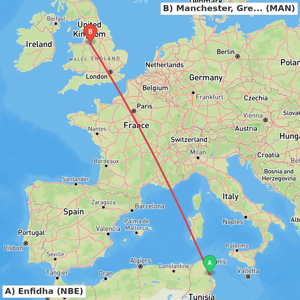 Flight route map from Enfidha to Manchester, Greater Manchester