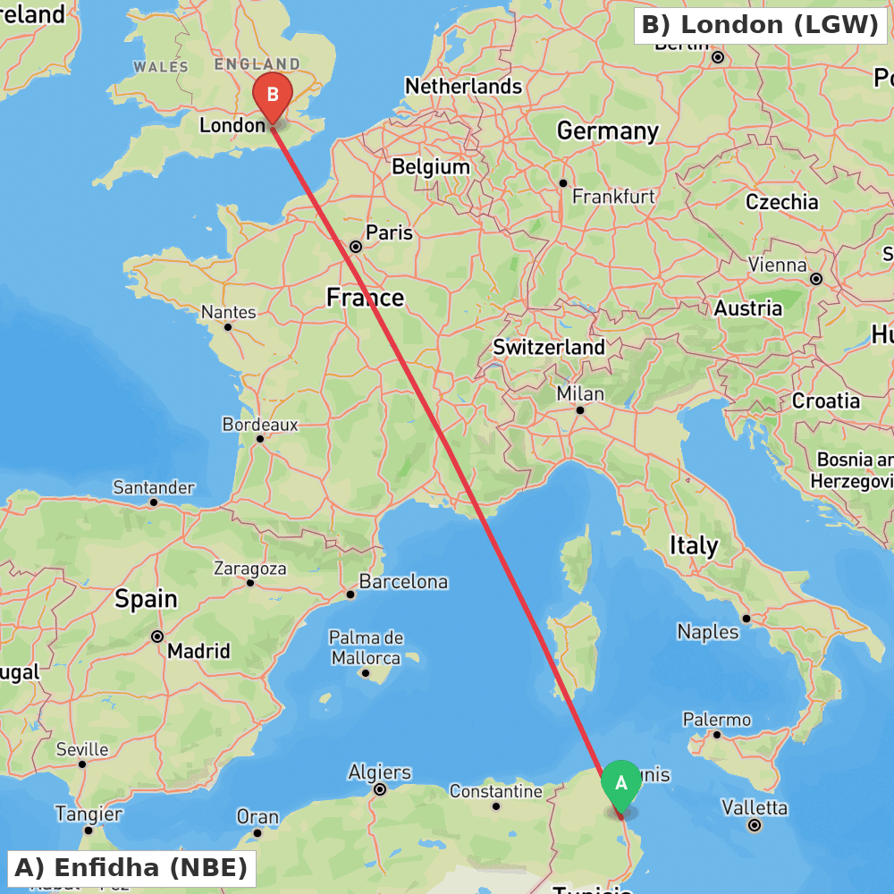 Flight route map from Enfidha to London