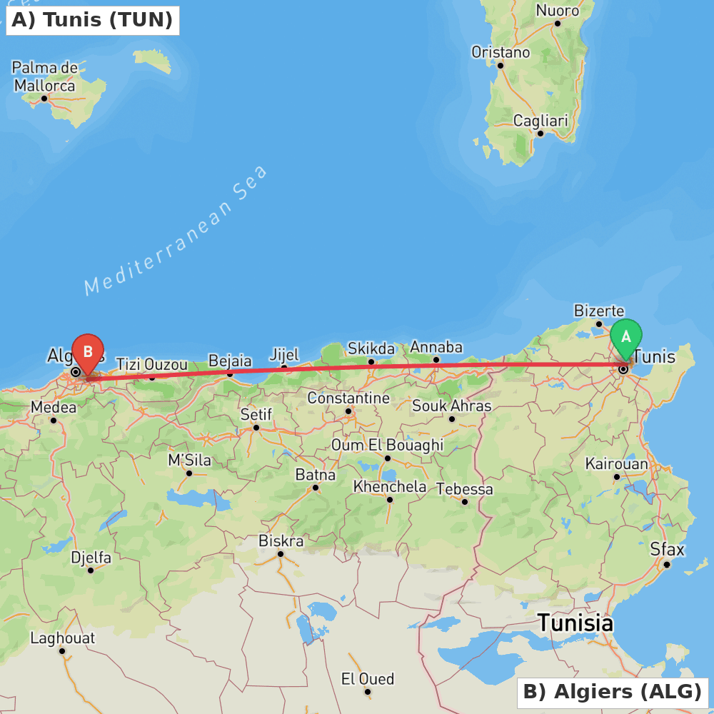Flight route map from Tunis to Algiers