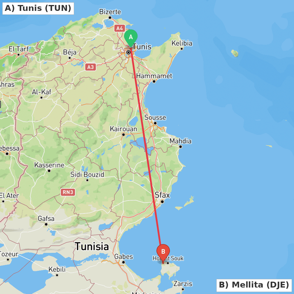 Flight route map from Tunis to Mellita