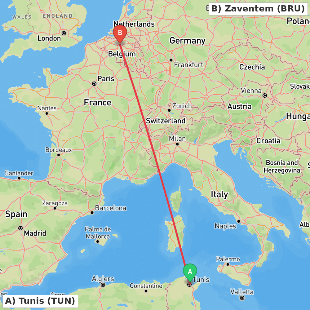 Flight route map from Tunis to Zaventem