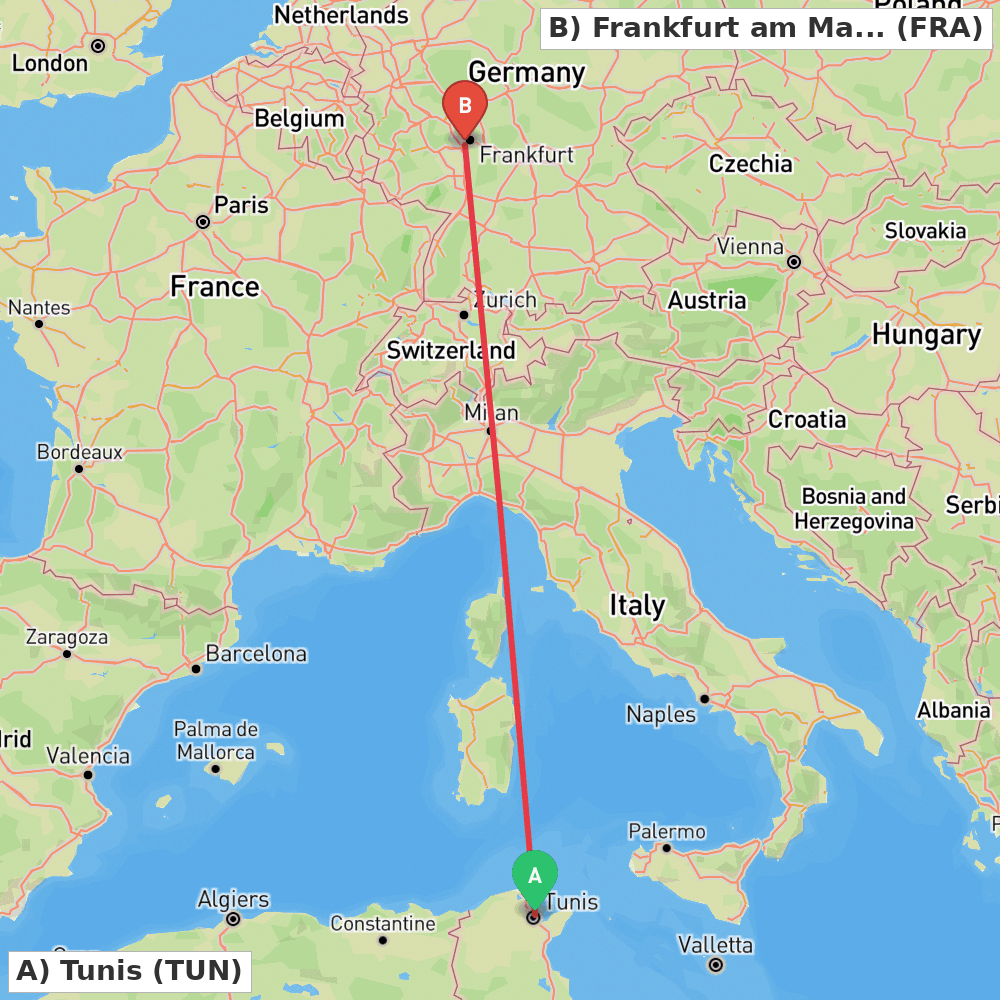 Flight route map from Tunis to Frankfurt am Main