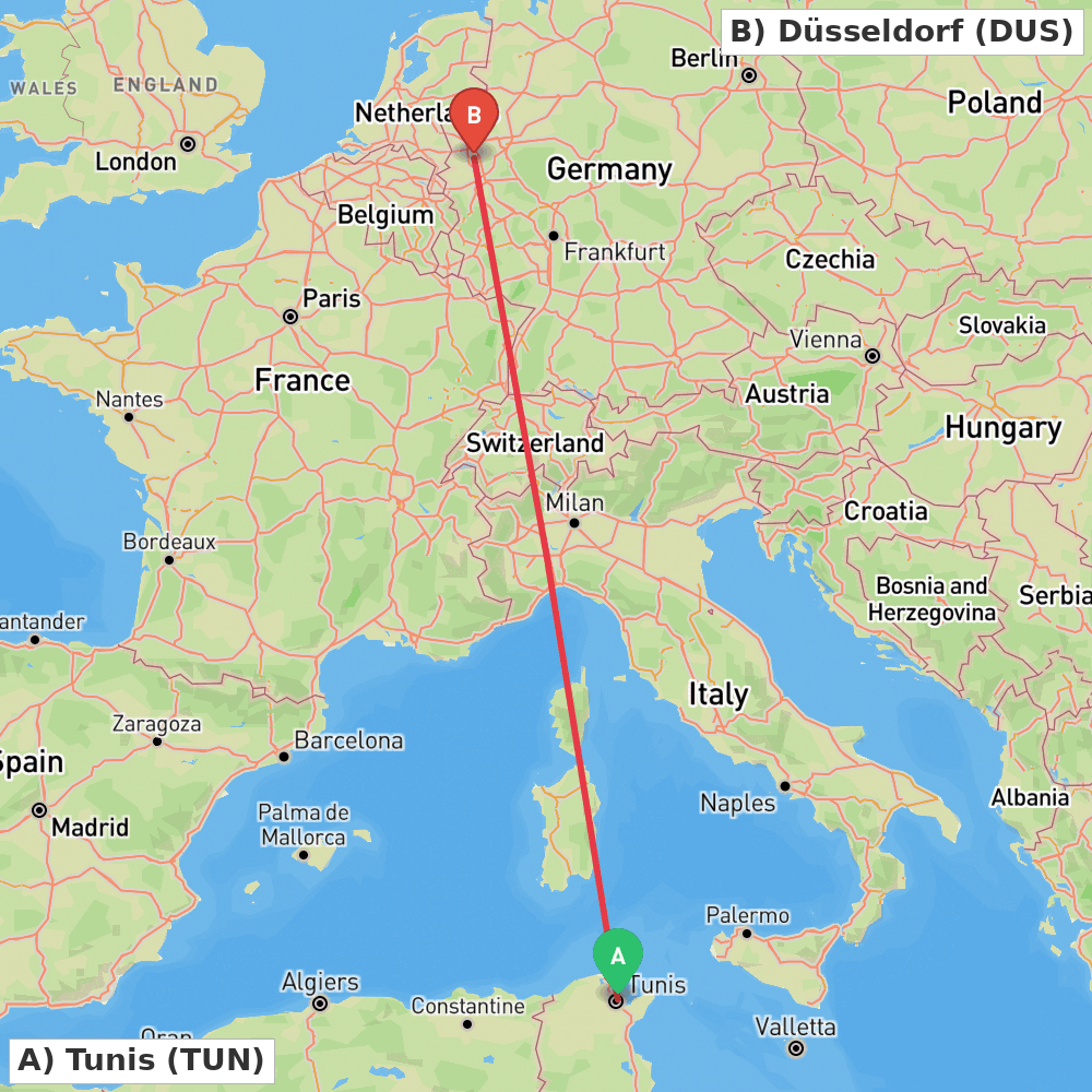 Flight route map from Tunis to Düsseldorf