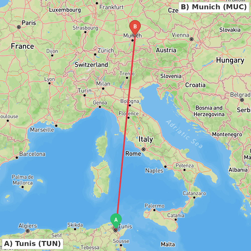 Flight route map from Tunis to Munich