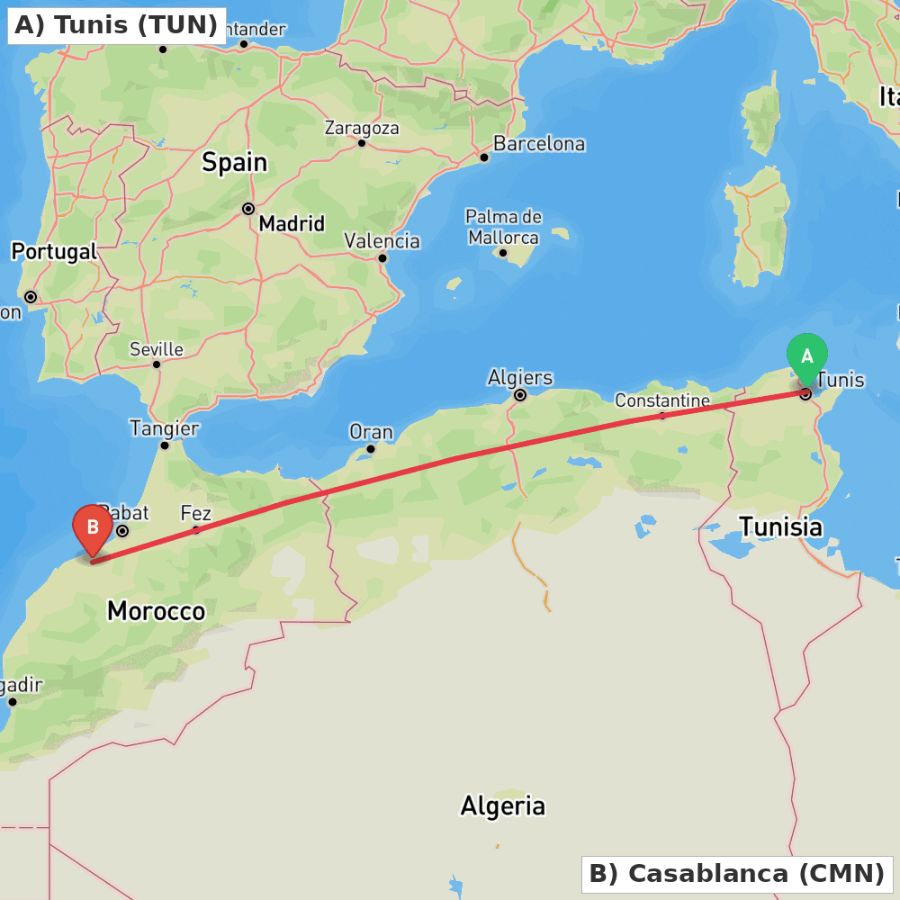 Flight route map from Tunis to Casablanca