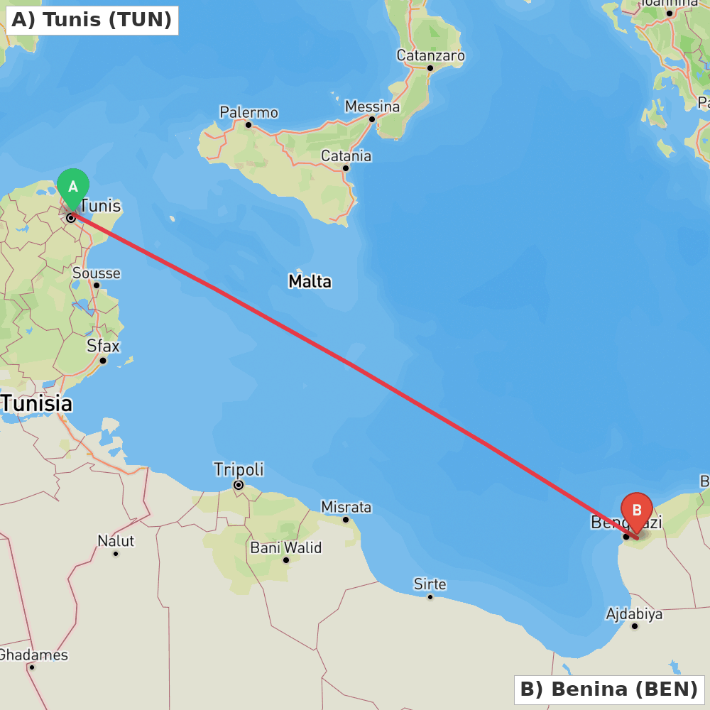 Flight route map from Tunis to Benina