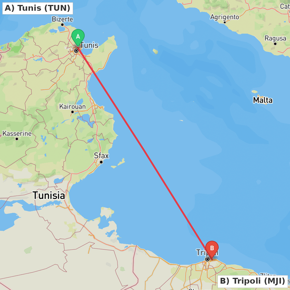 Flight route map from Tunis to Tripoli