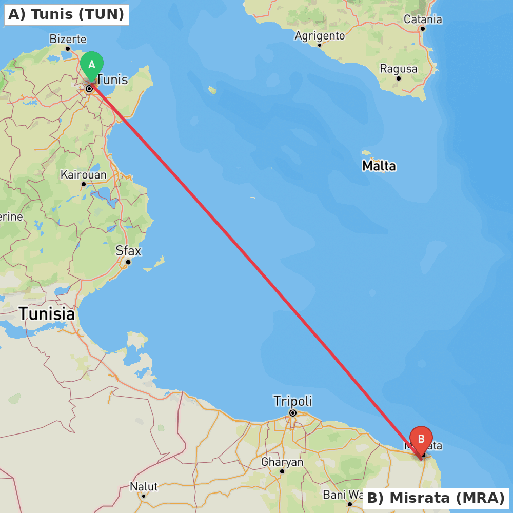 Flight route map from Tunis to Misrata
