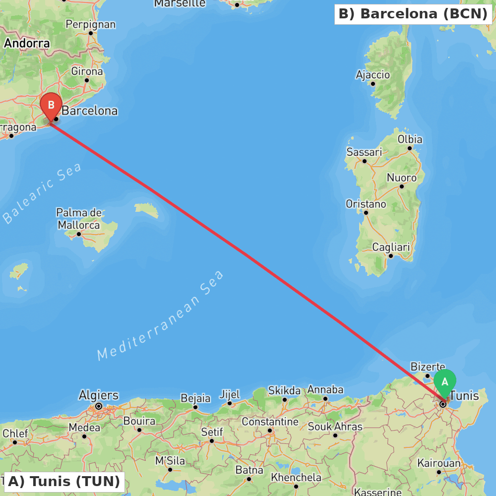 Flight route map from Tunis to Barcelona