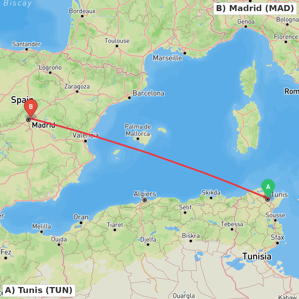 Flight route map from Tunis to Madrid