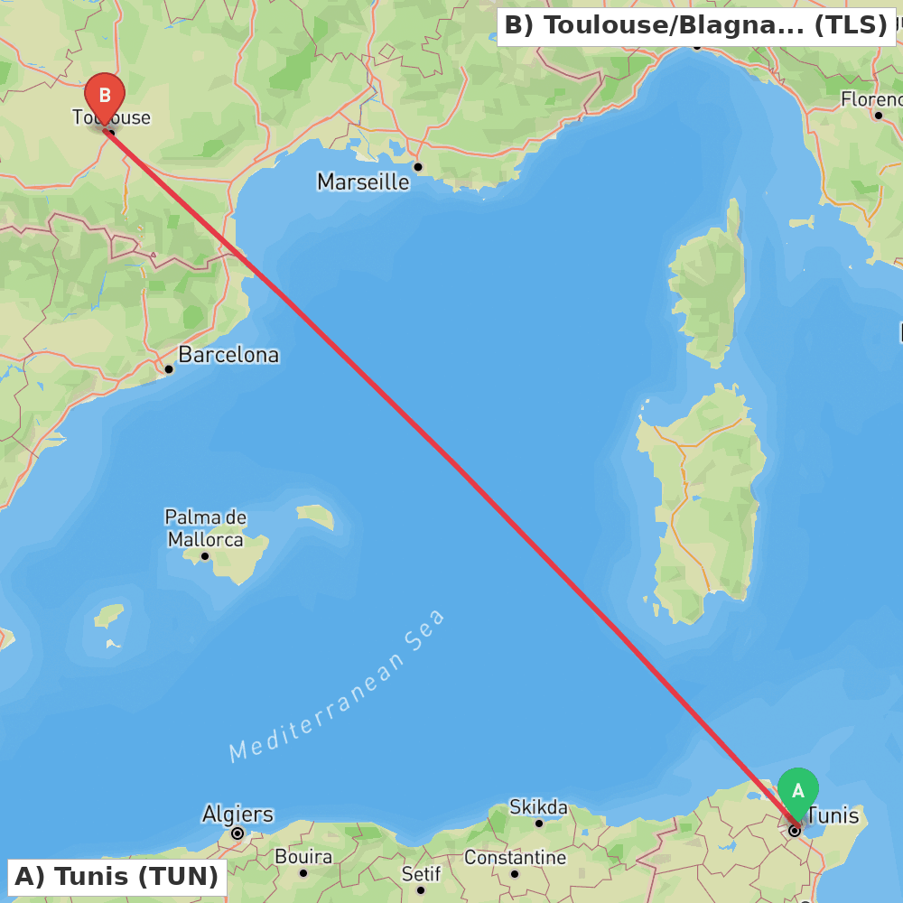 Flight route map from Tunis to Toulouse/Blagnac