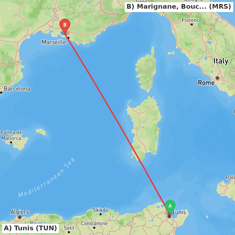 Flight route map from Tunis to Marignane, Bouches-du-Rhône