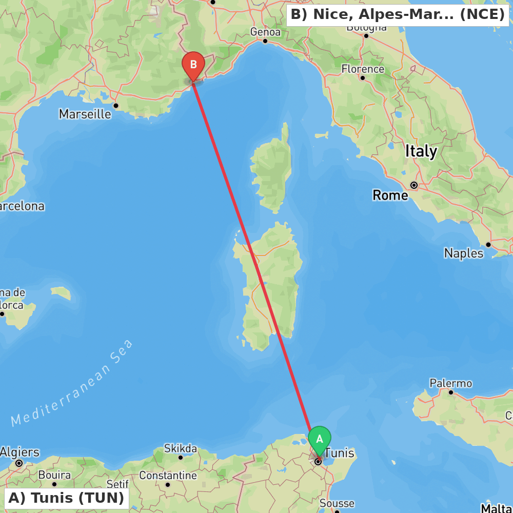 Flight route map from Tunis to Nice, Alpes-Maritimes