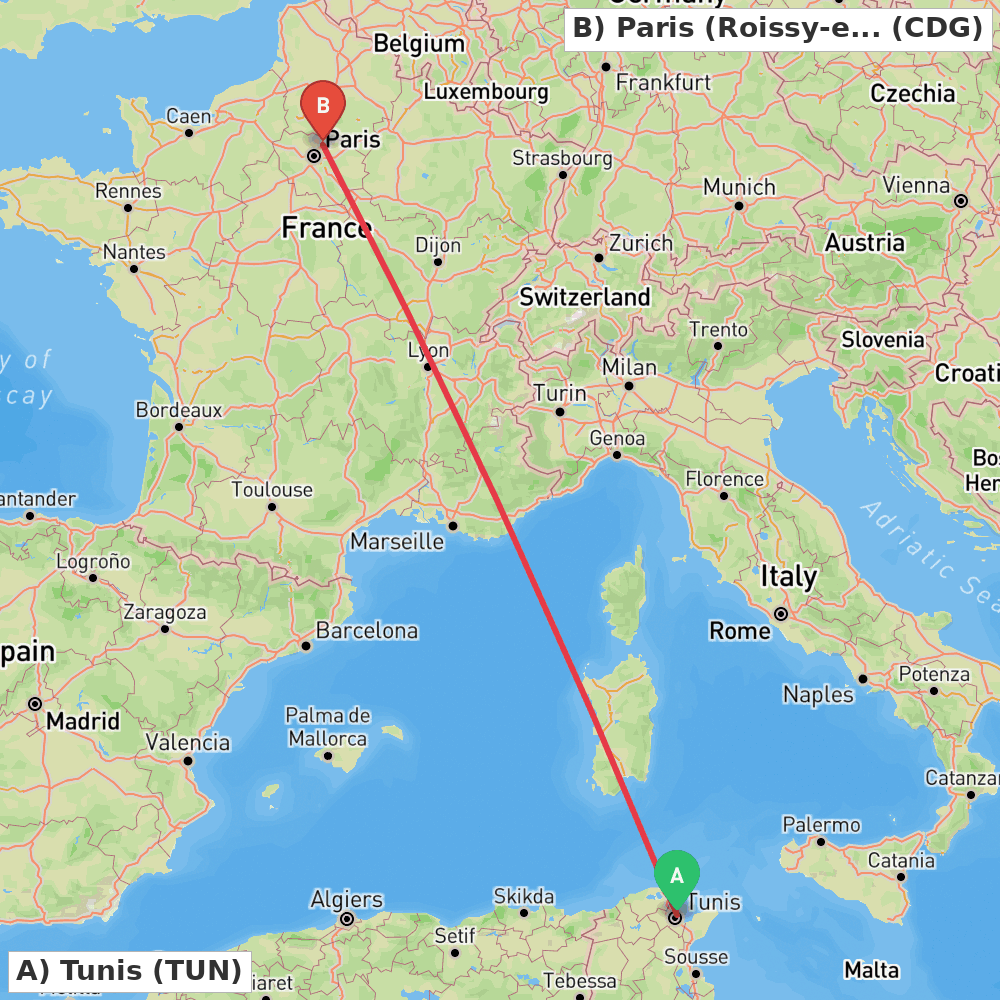 Flight route map from Tunis to Paris (Roissy-en-France, Val-d'Oise)