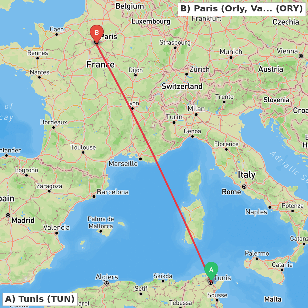 Flight route map from Tunis to Paris (Orly, Val-de-Marne)