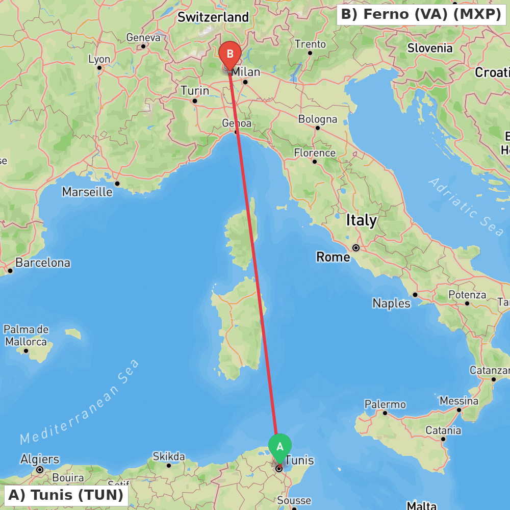 Flight route map from Tunis to Ferno (VA)