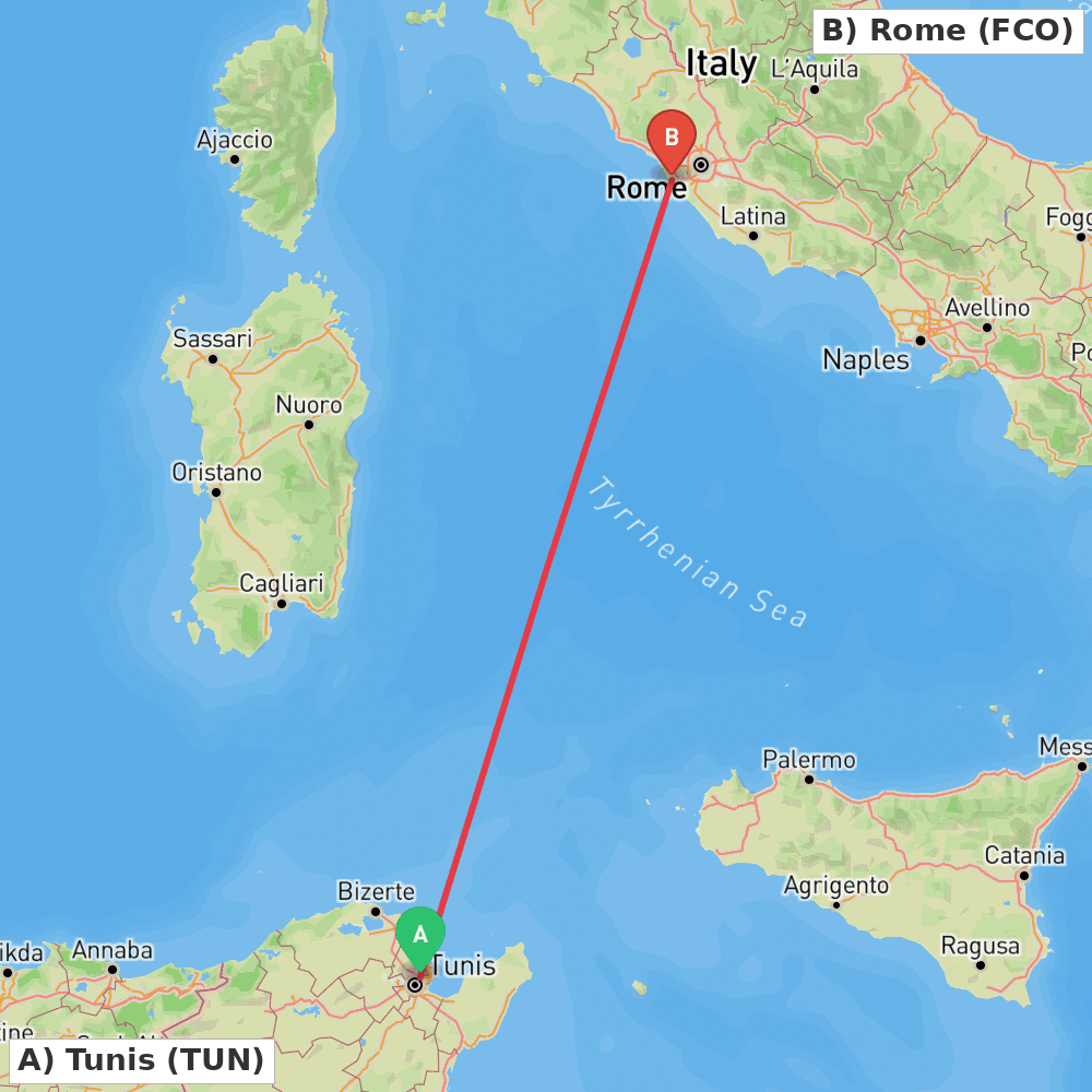Flight route map from Tunis to Rome