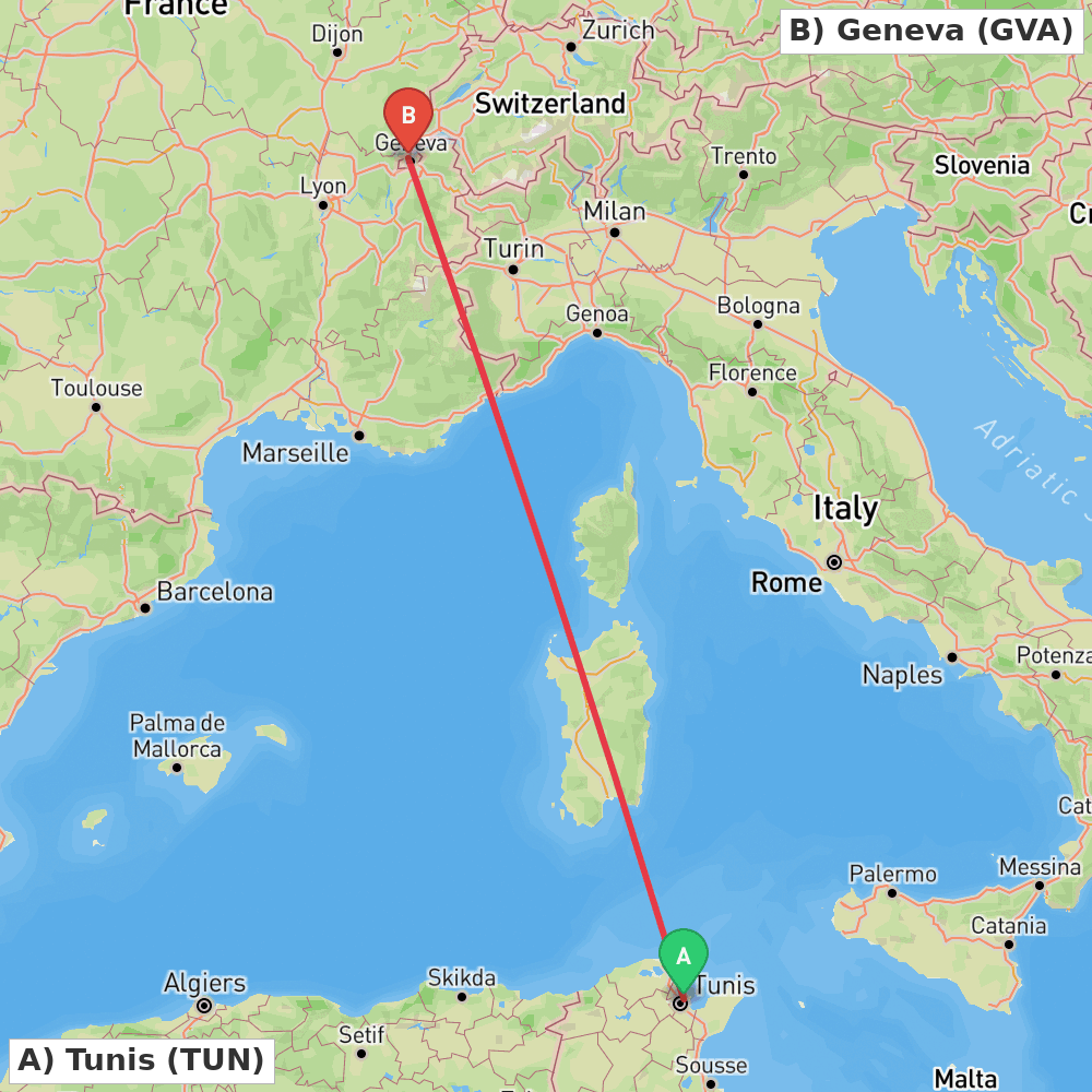 Flight route map from Tunis to Geneva