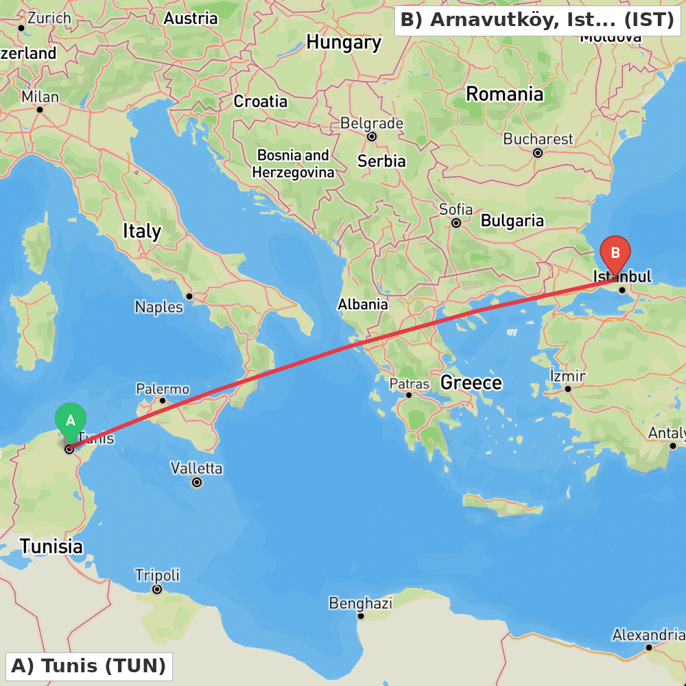Flight route map from Tunis to Arnavutköy, Istanbul