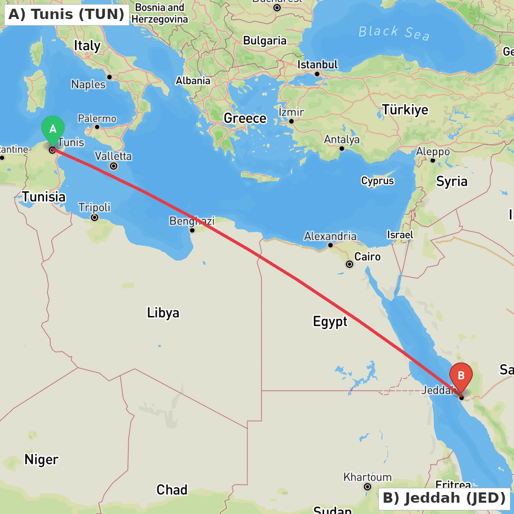 Flight route map from Tunis to Jeddah