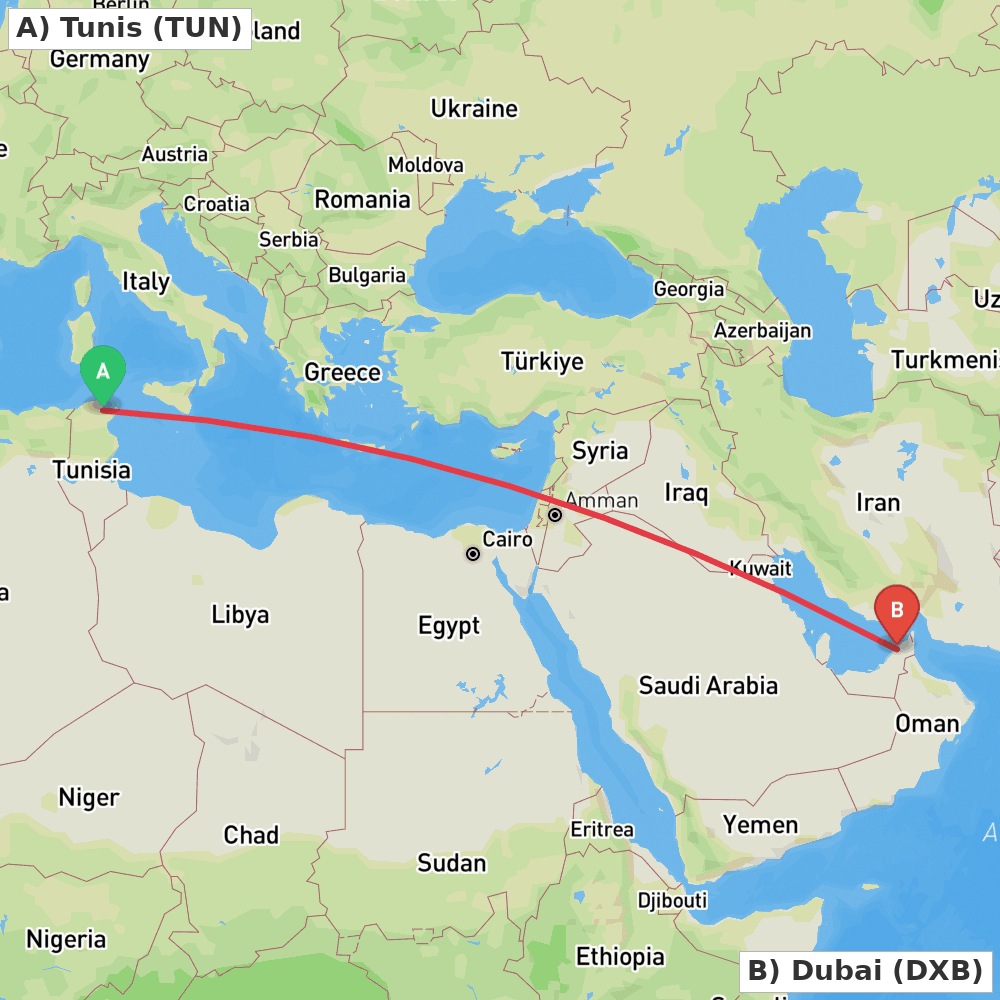 Flight route map from Tunis to Dubai