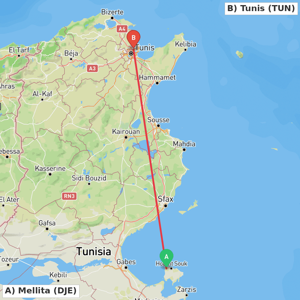 Flight route map from Mellita to Tunis