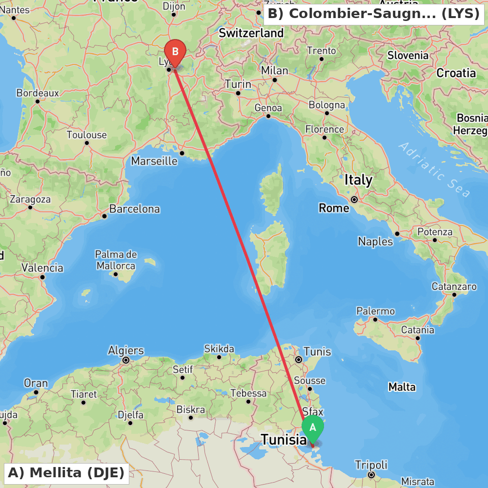 Flight route map from Mellita to Colombier-Saugnieu, Rhône