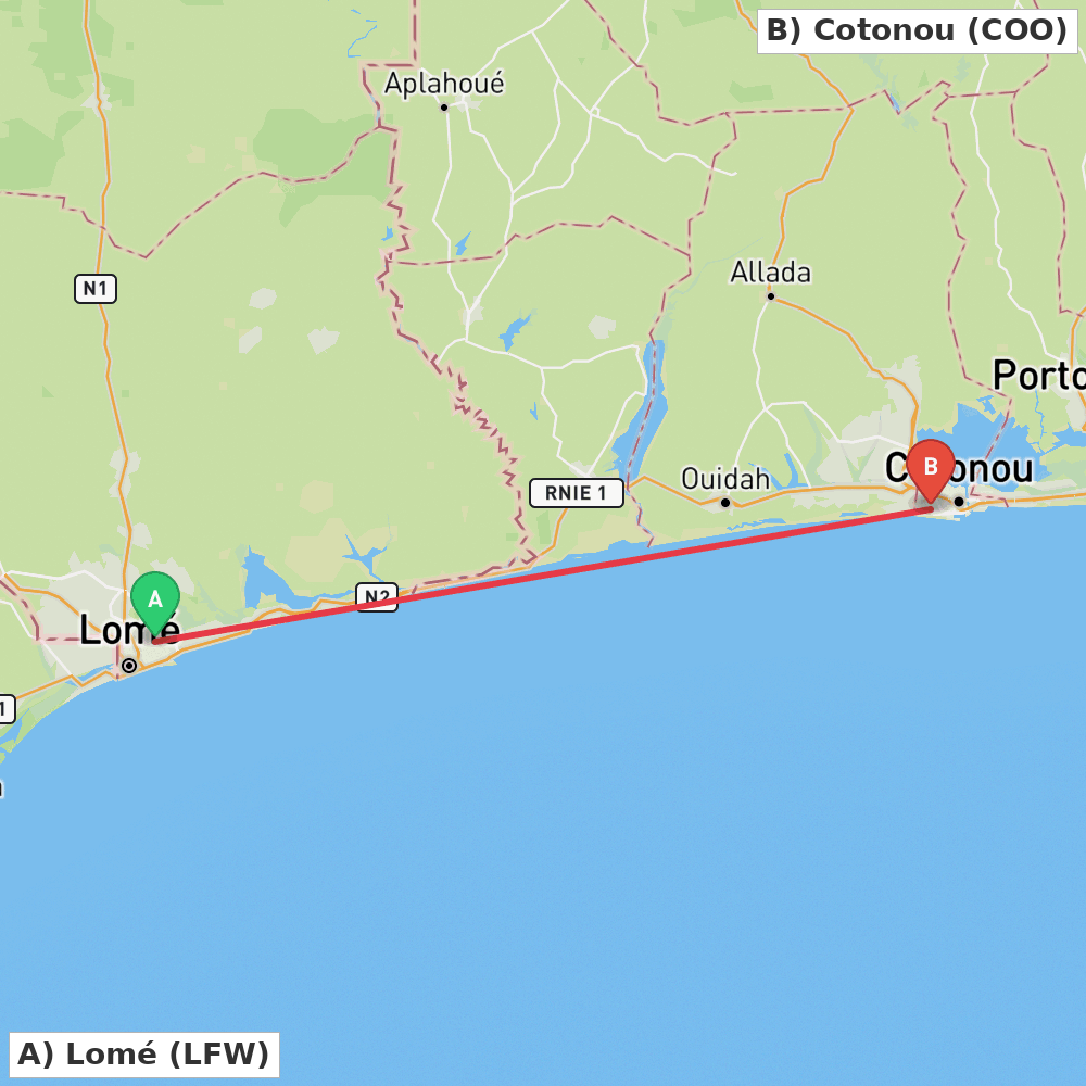 Flight route map from Lomé to Cotonou