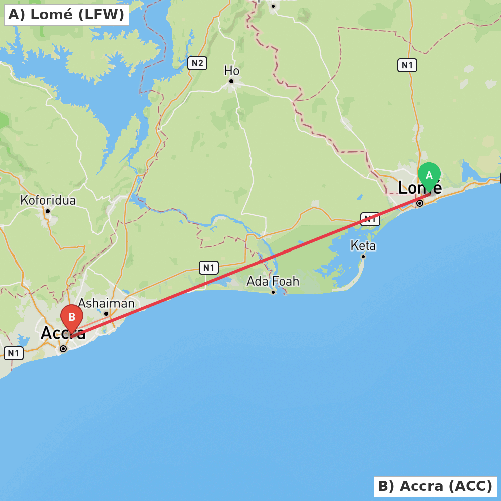 Flight route map from Lomé to Accra