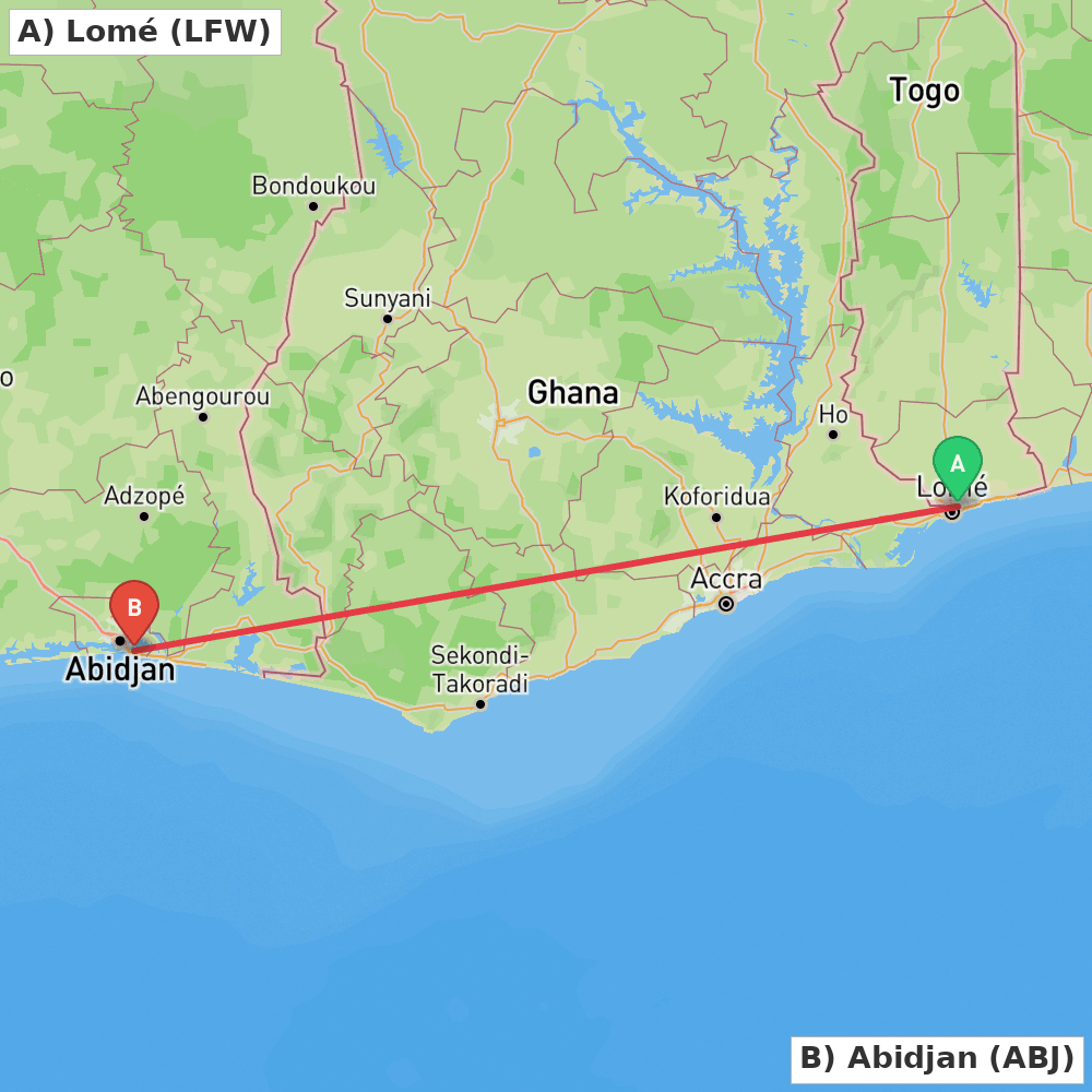 Flight route map from Lomé to Abidjan