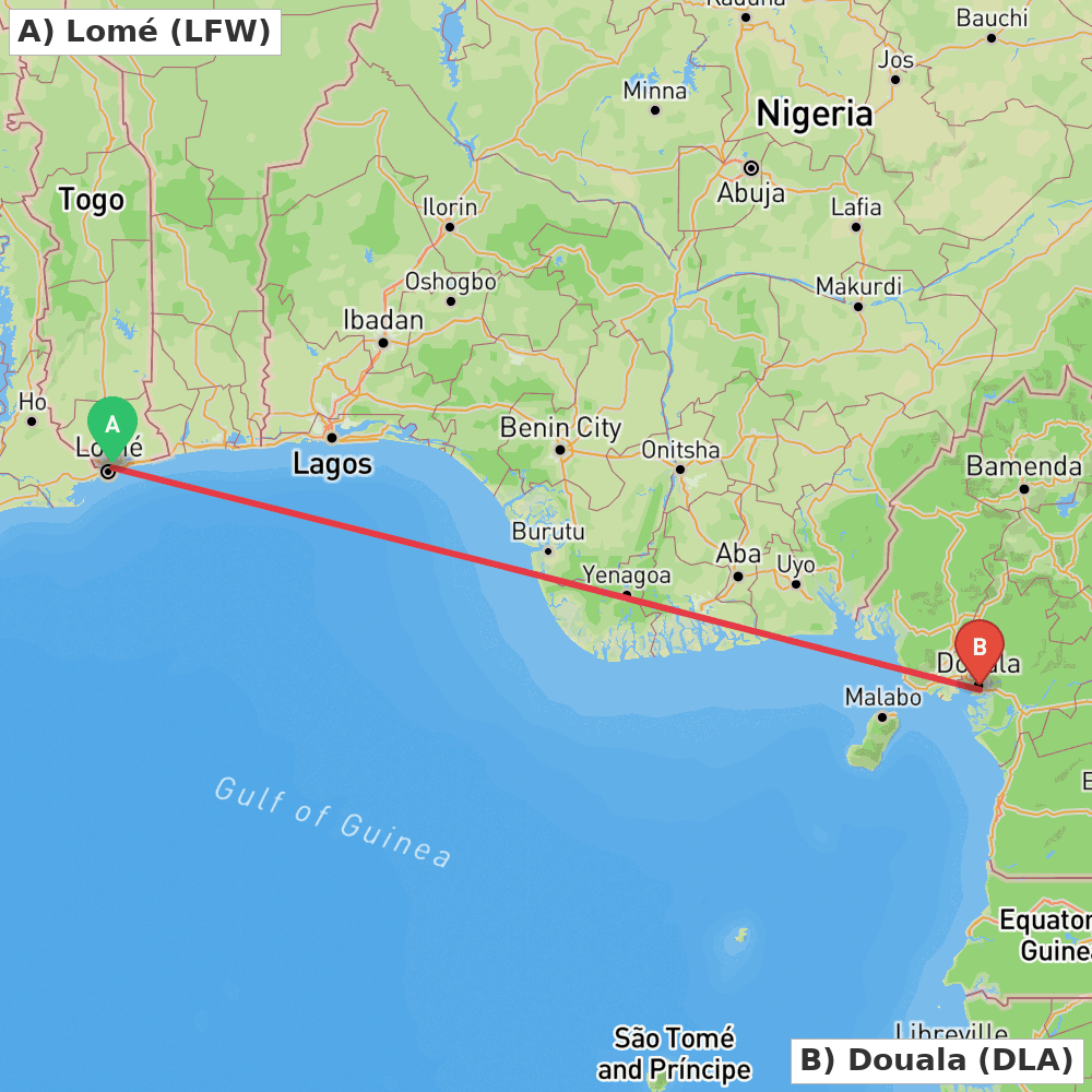 Flight route map from Lomé to Douala