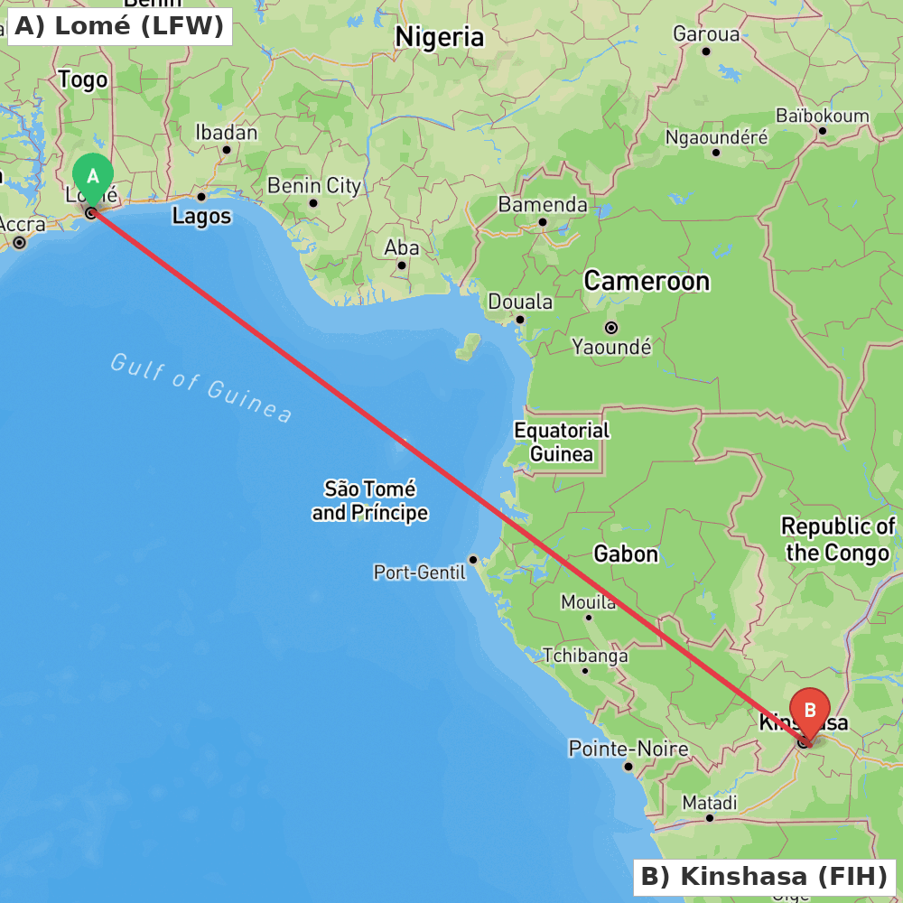 Flight route map from Lomé to Kinshasa