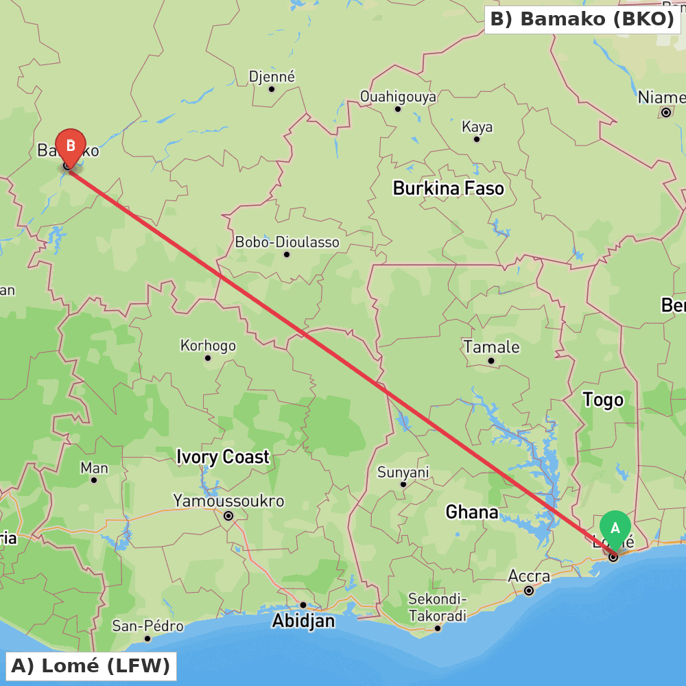 Flight route map from Lomé to Bamako