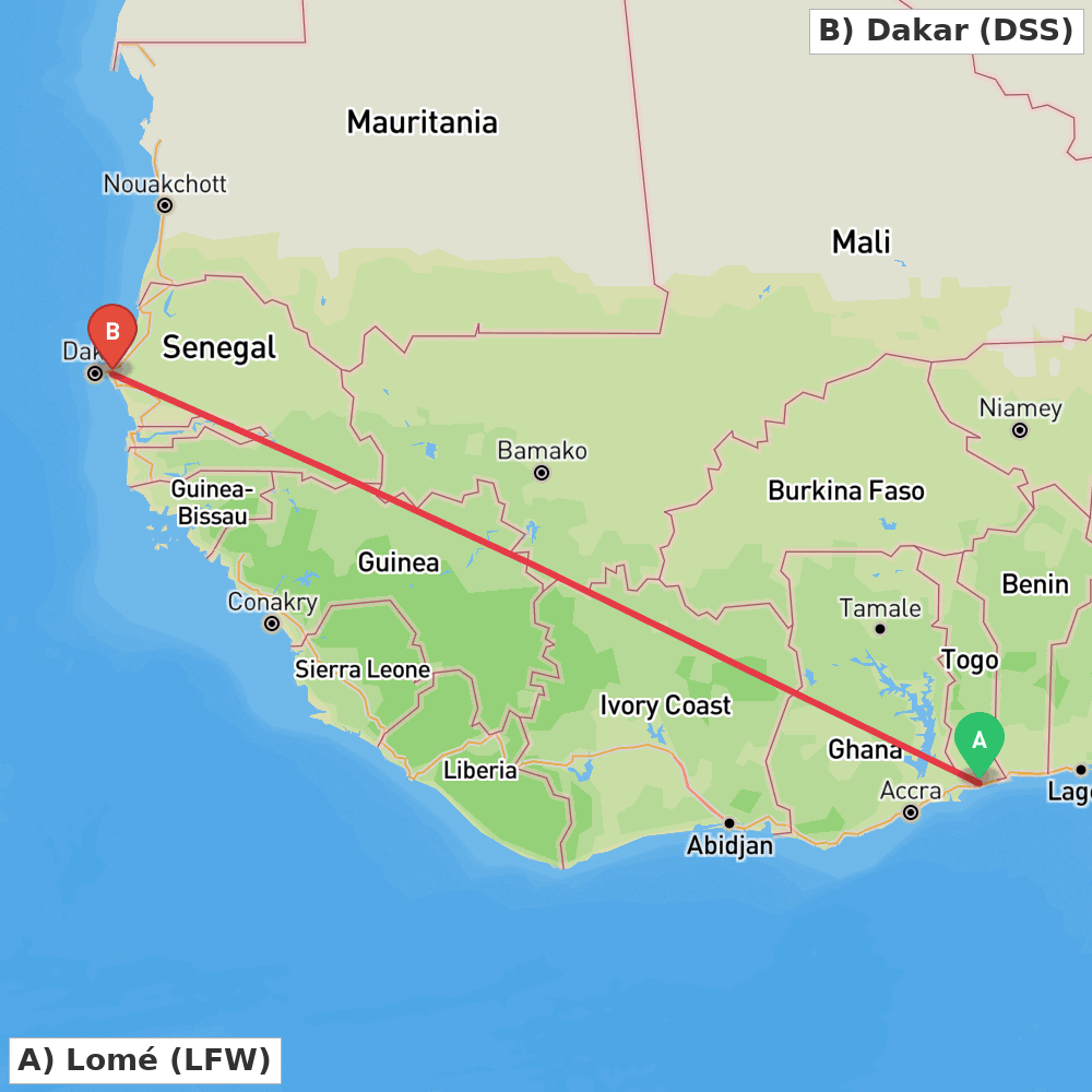 Flight route map from Lomé to Dakar