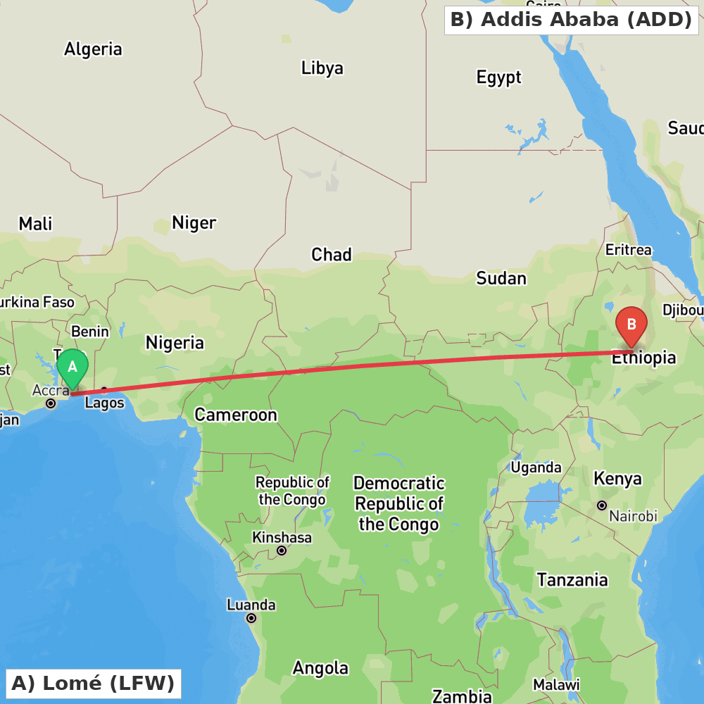 Flight route map from Lomé to Addis Ababa