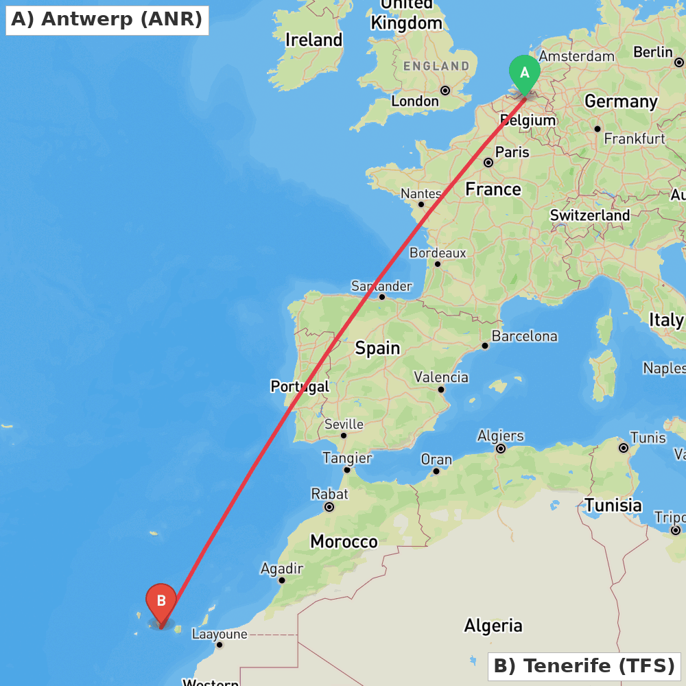 Flight route map from Antwerp to Tenerife