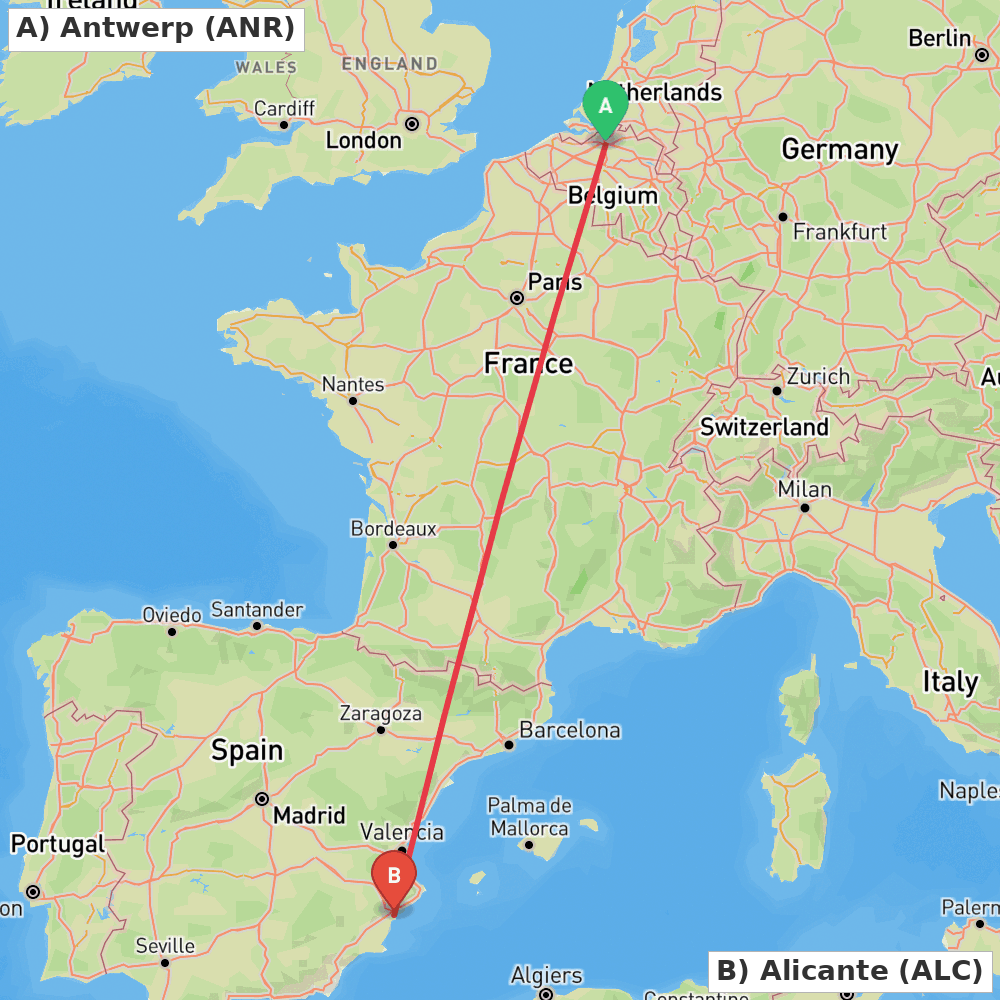 Flight route map from Antwerp to Alicante
