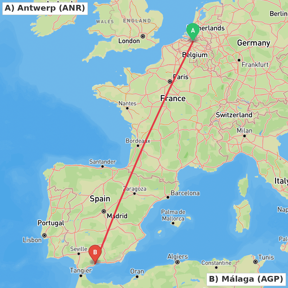 Flight route map from Antwerp to Málaga