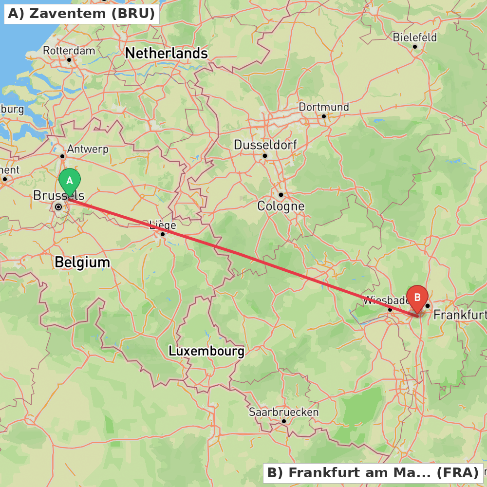 Flight route map from Zaventem to Frankfurt am Main